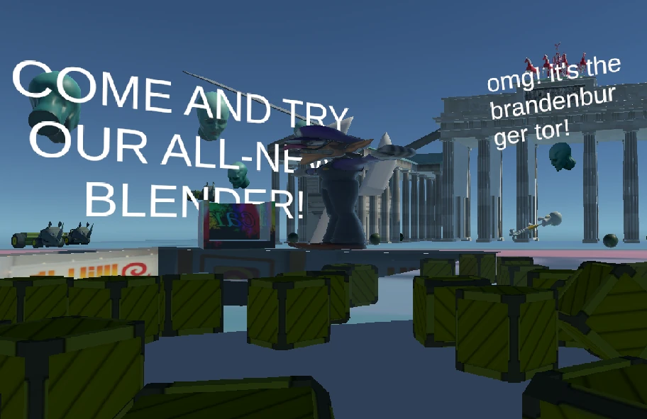Screenshot of Hypertext Unity level. Crates are strewn across the floor, Waluigi is flying in front of the camera, and text such as 'COME AND TRY OUR ALL-NEW BLENDER' and 'omg! it's the brandenburg er tor!' is displayed