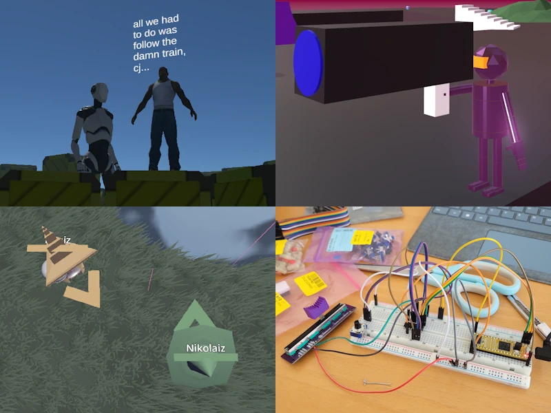 A collage of multiple projects: the Unity default third-person character and CJ from GTA San Andreas in the top left; purple protagonist from Project N5 holding a massive rocket launcher in the top right; two wizards in the bottom left; a breadboard with a microcontroller and input components in the bottom right