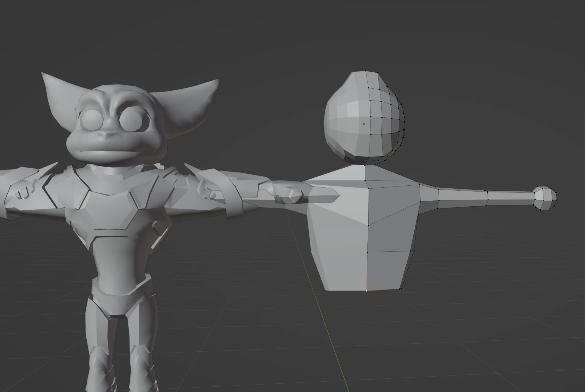 The head and arms with a torso added, standing next to Ratchet from Ratchet: Gladiator