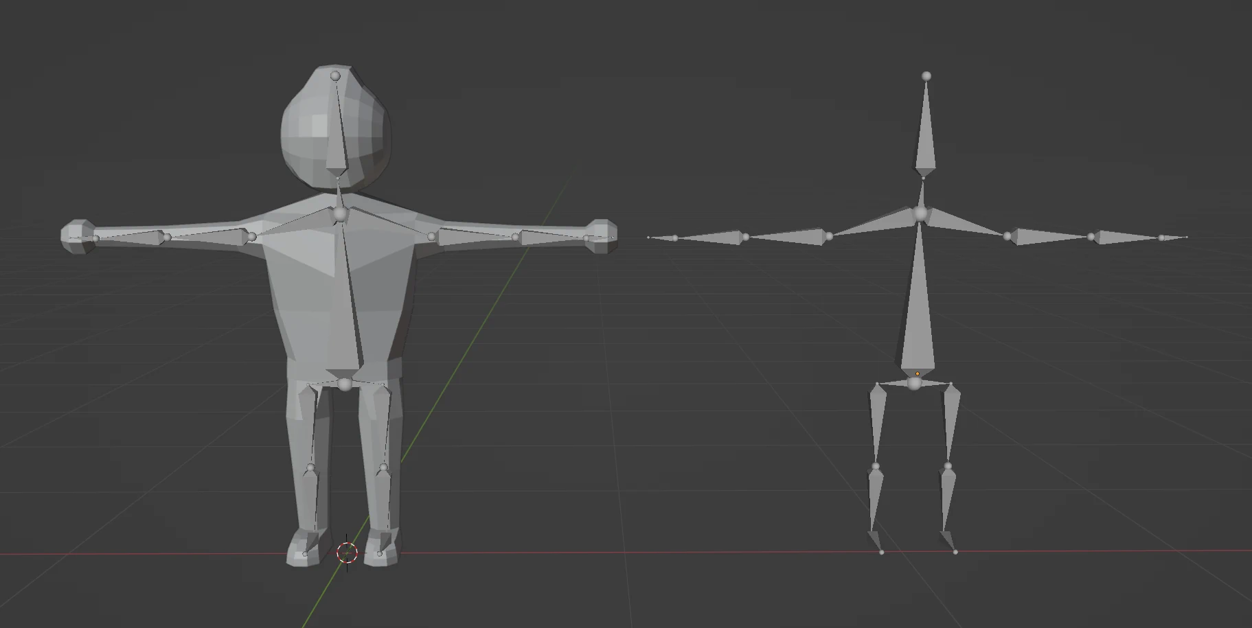 The new character with its skeleton on the left, and its skeleton without the mesh on the right