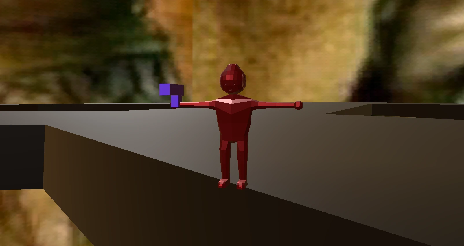 The newly-textured character holding a purple blaster in-game