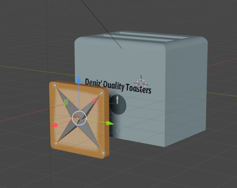 A rigged slice of toast in front of a toaster reading 'Deniz' Quality Toasters'