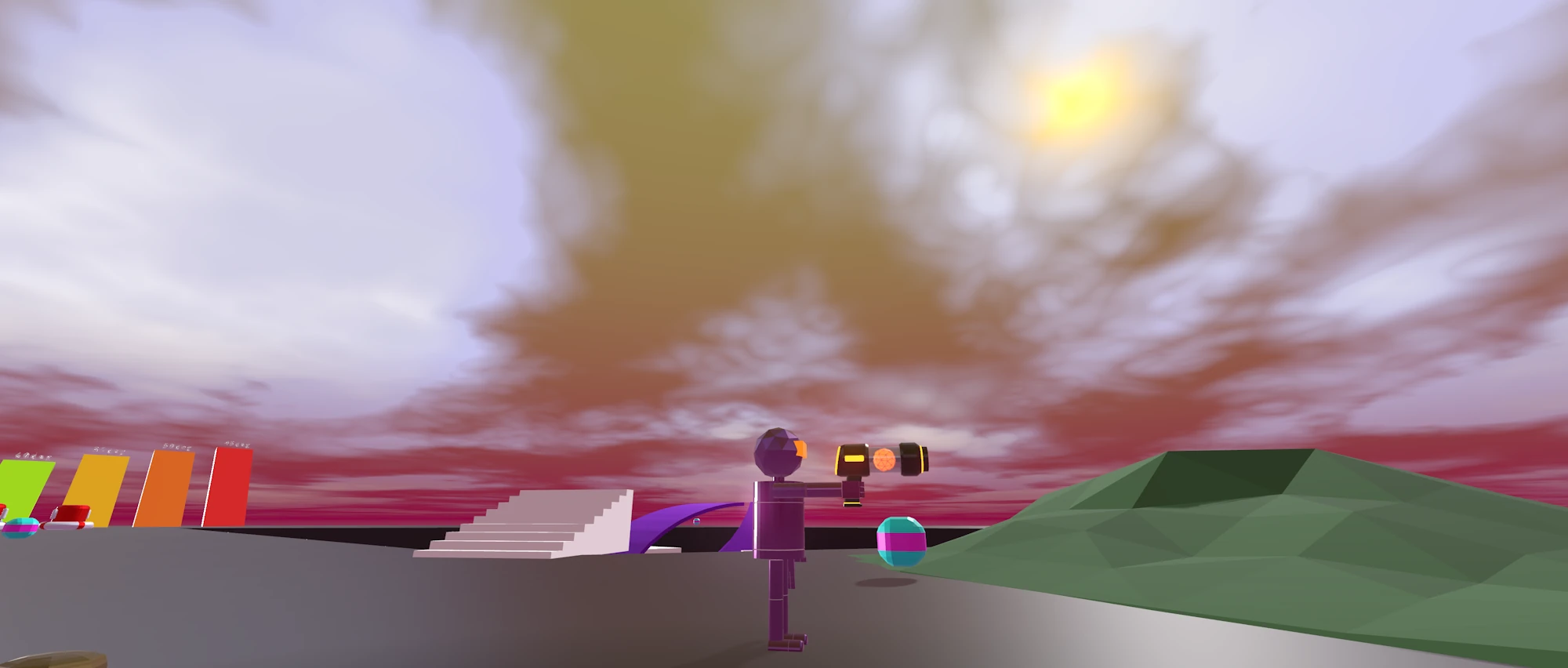 Panorama shot of the scene and the orange-to-pink sky with the character in front