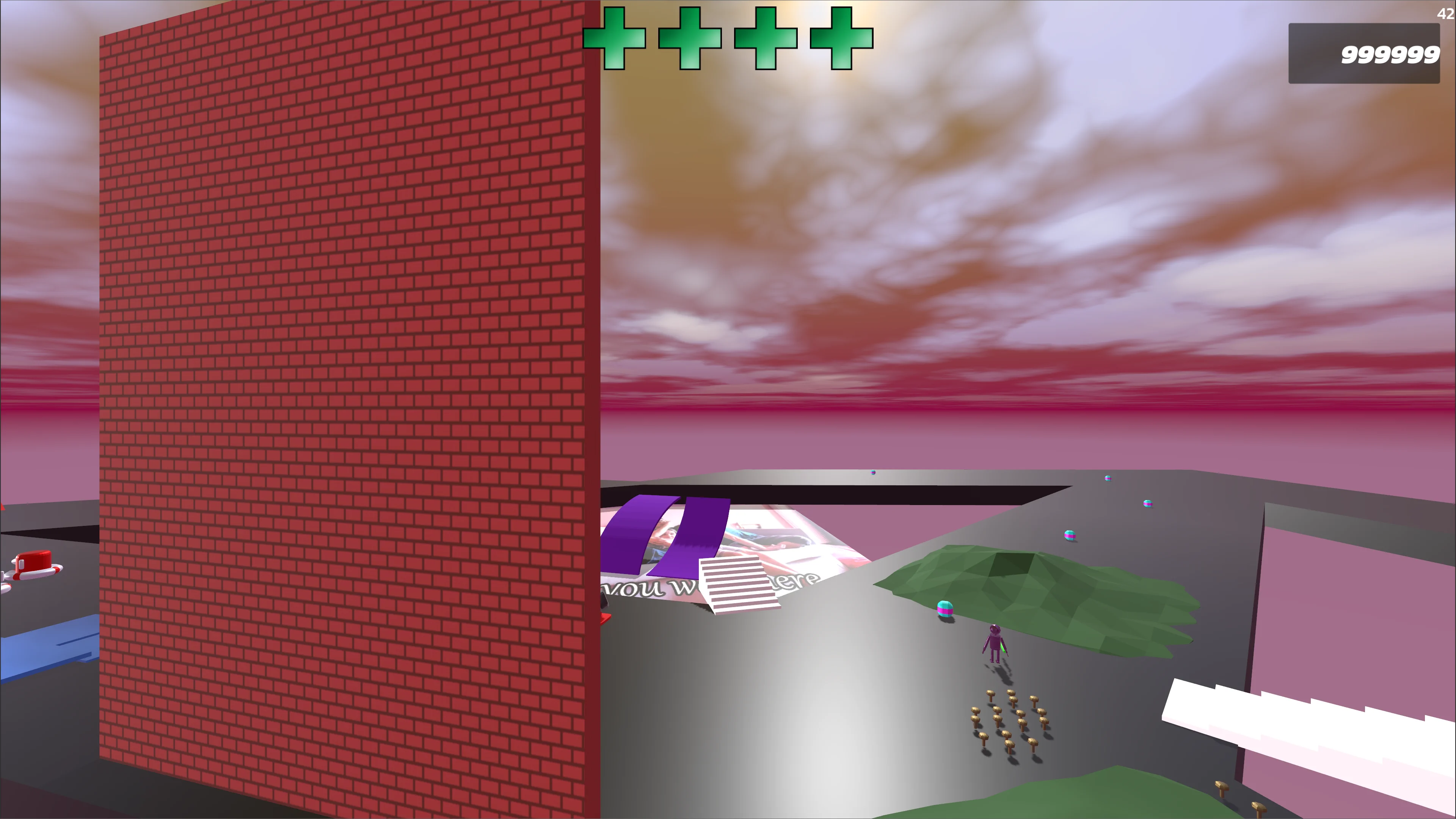 A panorama shot of the Unity level with the brick wall filling the entire left half