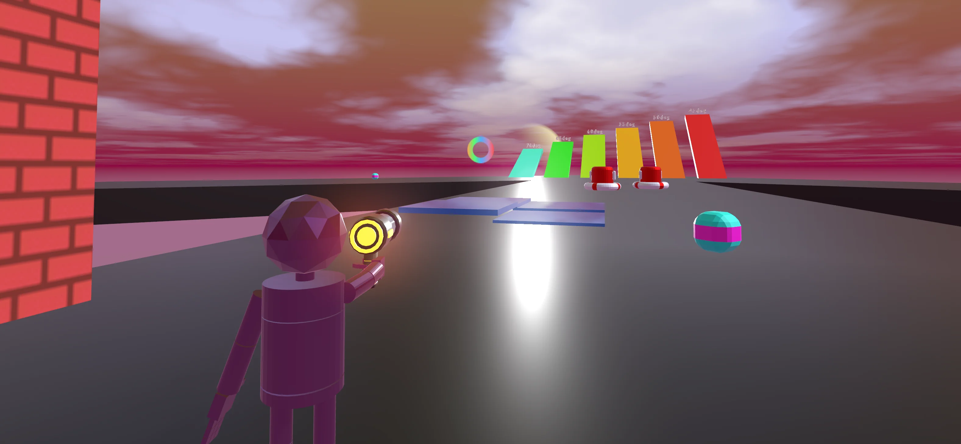 An over-the-shoulder view of the protagonist aiming the N5 Blaster