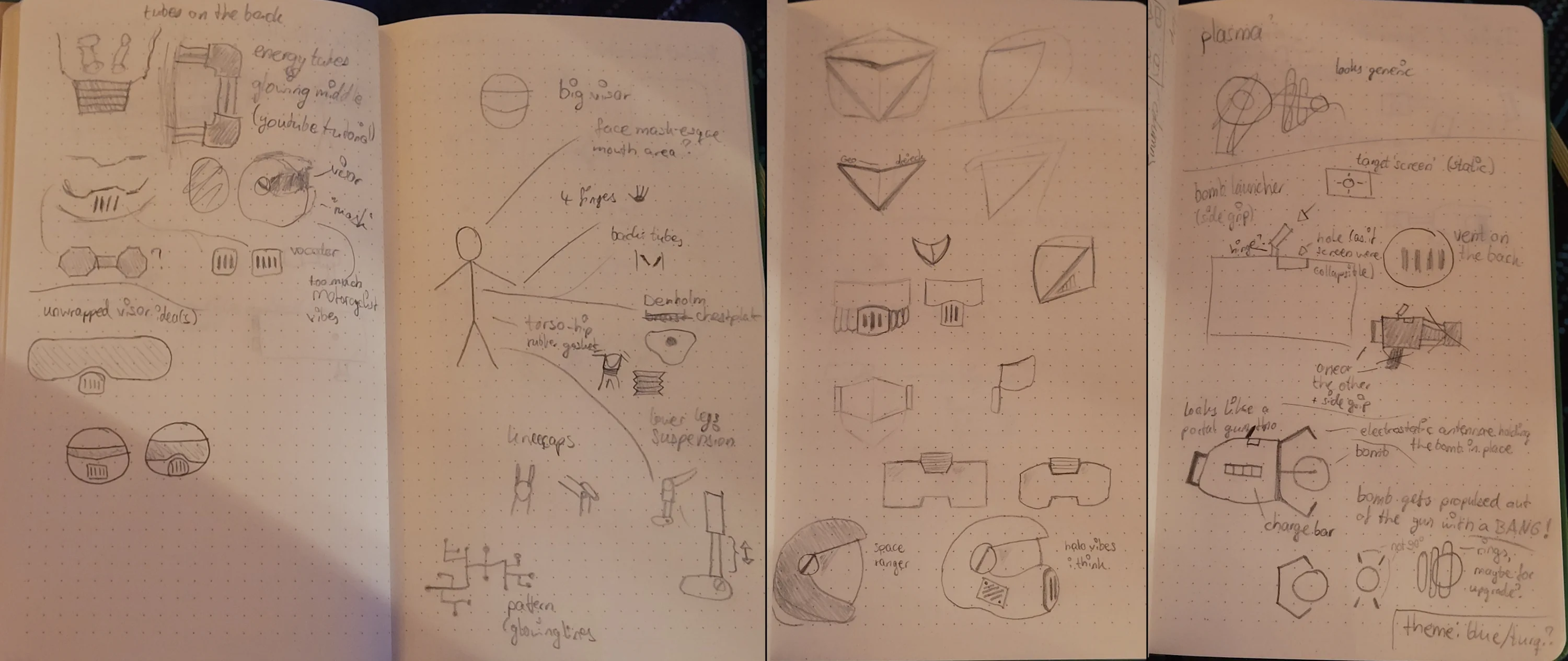 Sketches of the protagonist as well as their armour and weapons