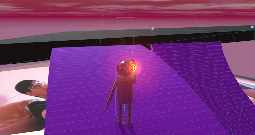 The protagonist pointing the N5 Blaster, which is emitting a wiremeshed cone shape