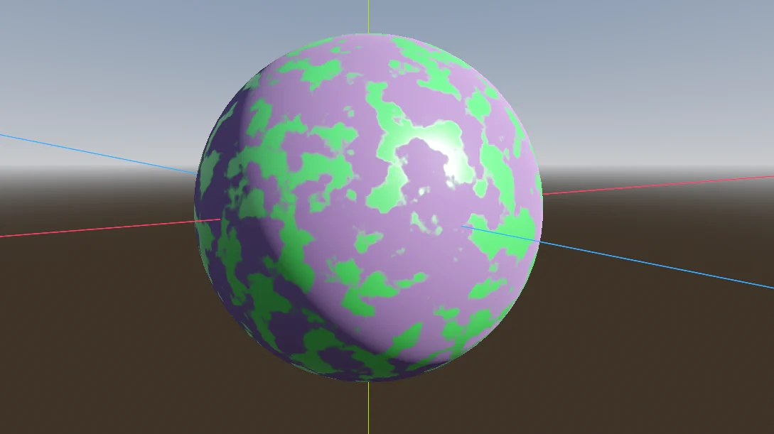 A sphere with green and purple noise artifacts representing land and potentially poisonous liquid