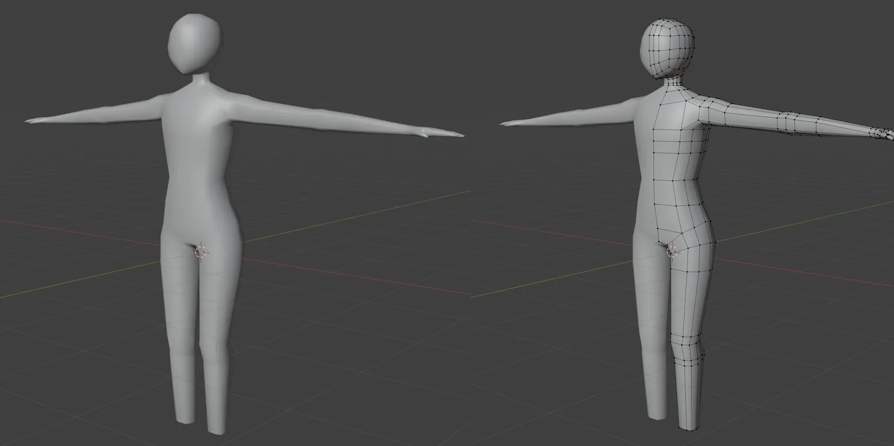Left: A featureless blank 3D model of a human body t-posing without feet. Right: The same human body model displayed with a wiremesh