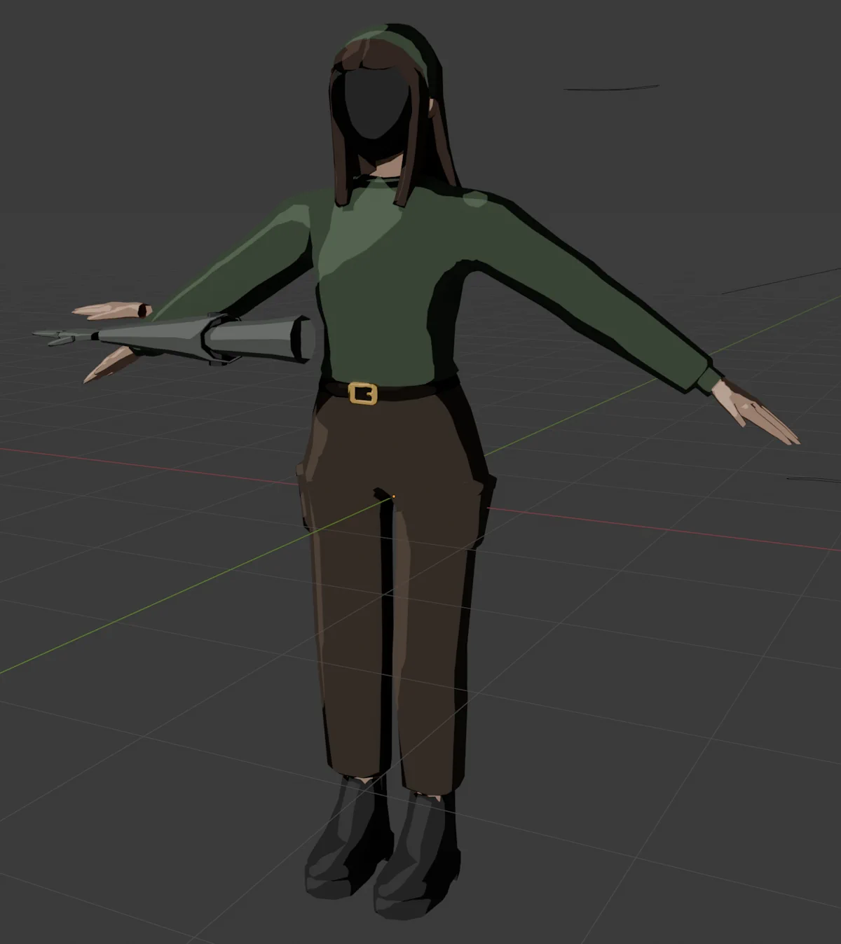 A 3D model of a human girl with brown hair, a full face mask, green sweatshirt, brown trousers, and black boots