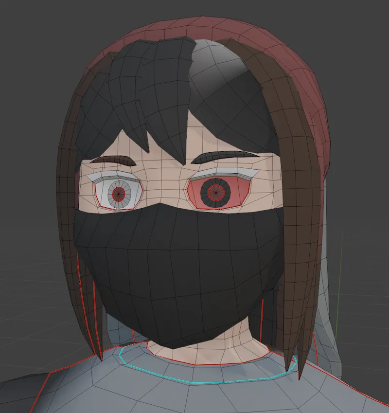 A close-up of Laura with her UV textures wrongly mapped; the hair is brown and grey, the right eye white, and the left eye red
