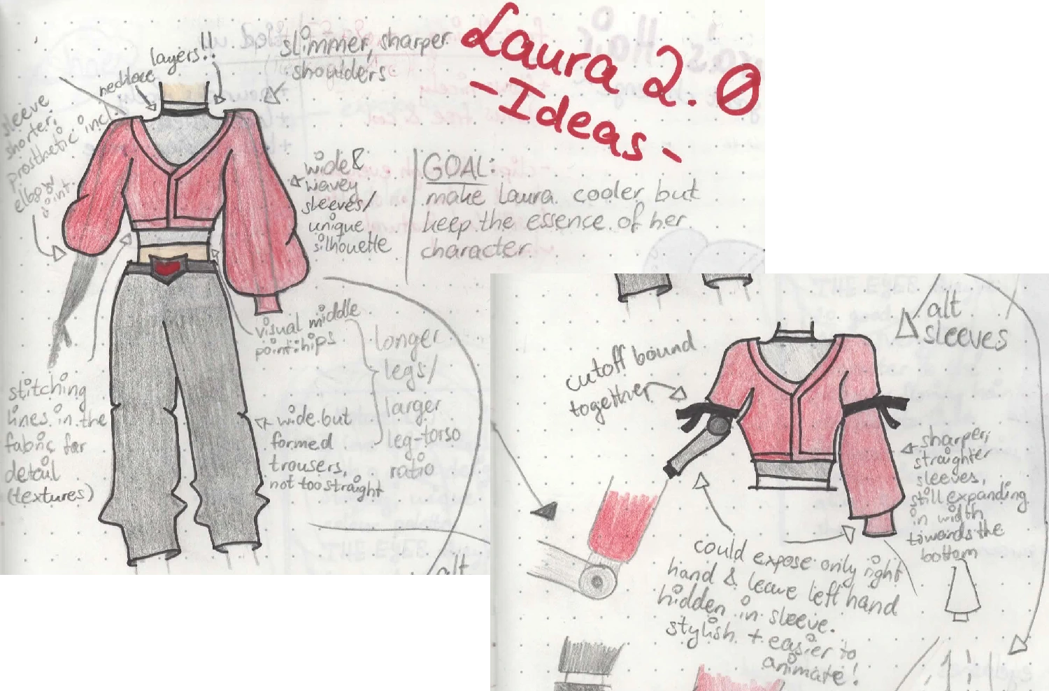 Sketches showing ideas for Laura's clothes