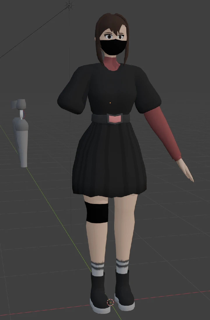 Laura v3 wearing a black dress and a red longsleeve underneath