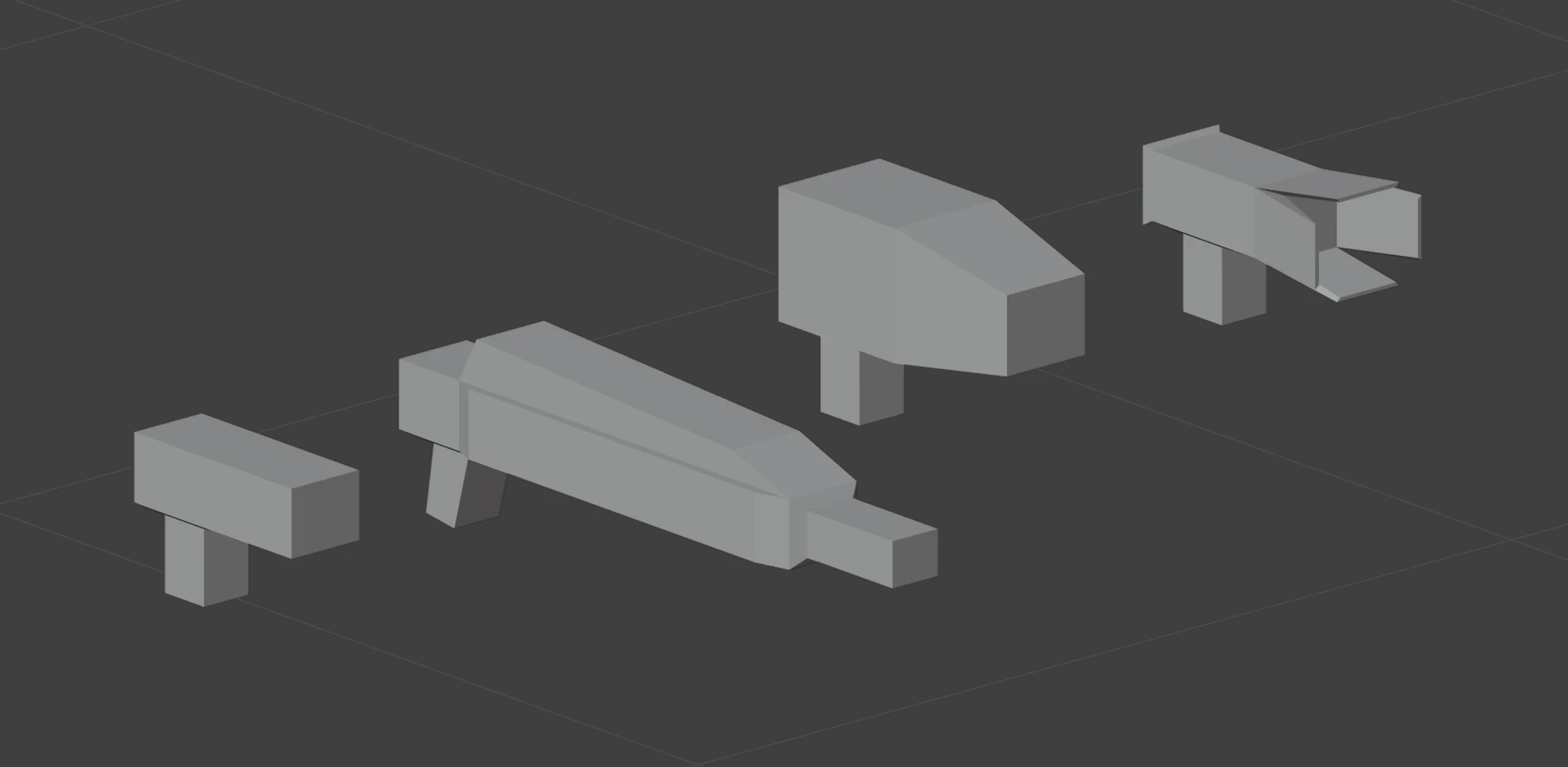 The placeholder weapons, untextured and made from primitive shapes