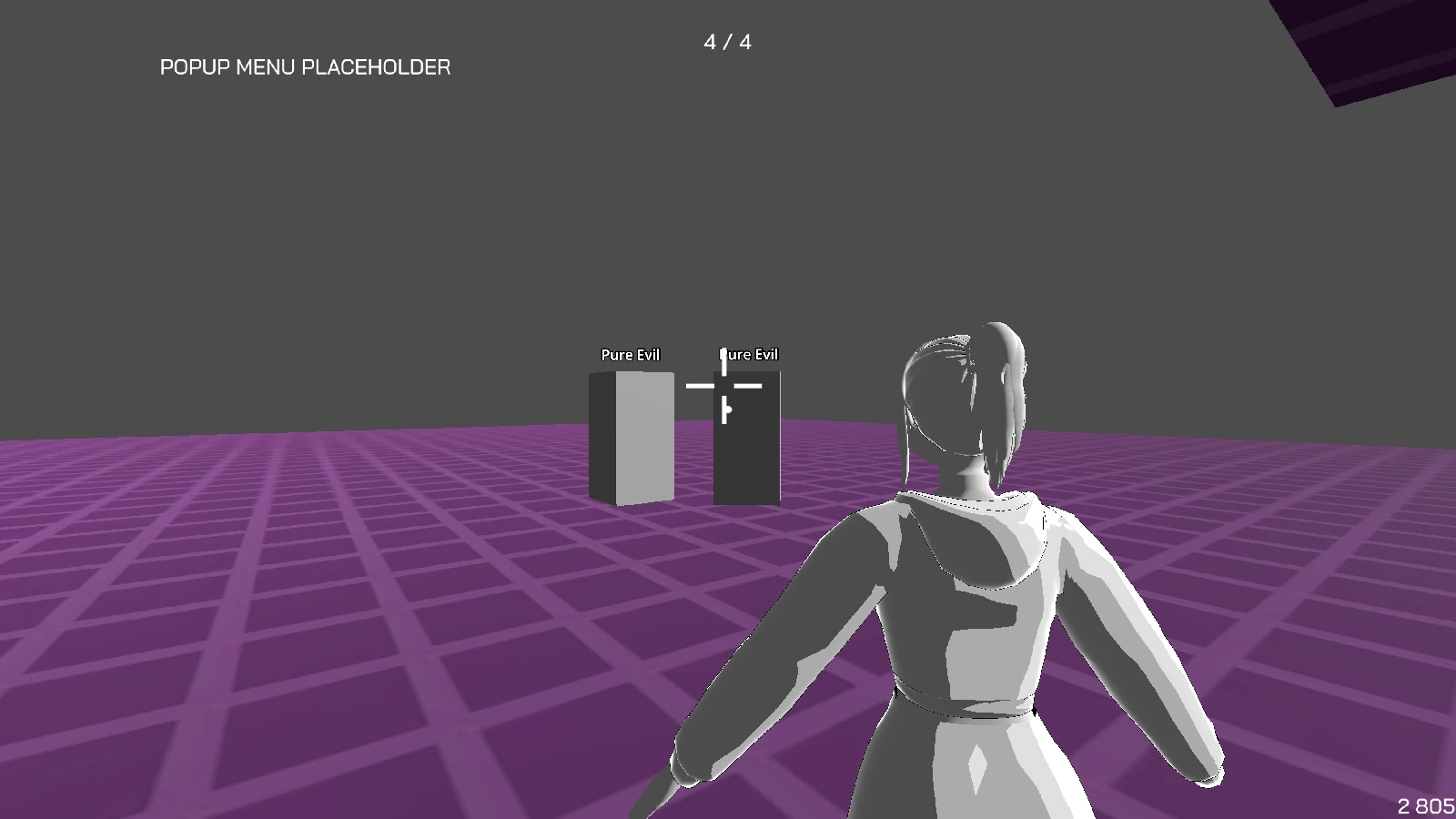 An over-the-shoulder view of Laura's new model looking at two cubes. Above the cubes, the text 'Pure Evil' is hovering