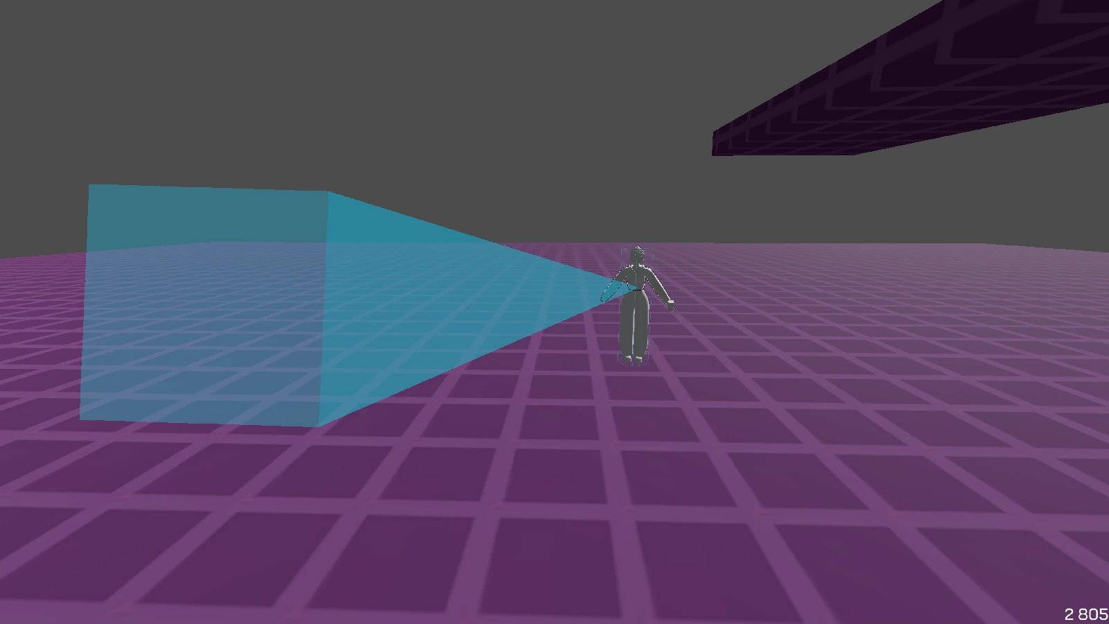 A blue raycast emitting from Laura to the camera