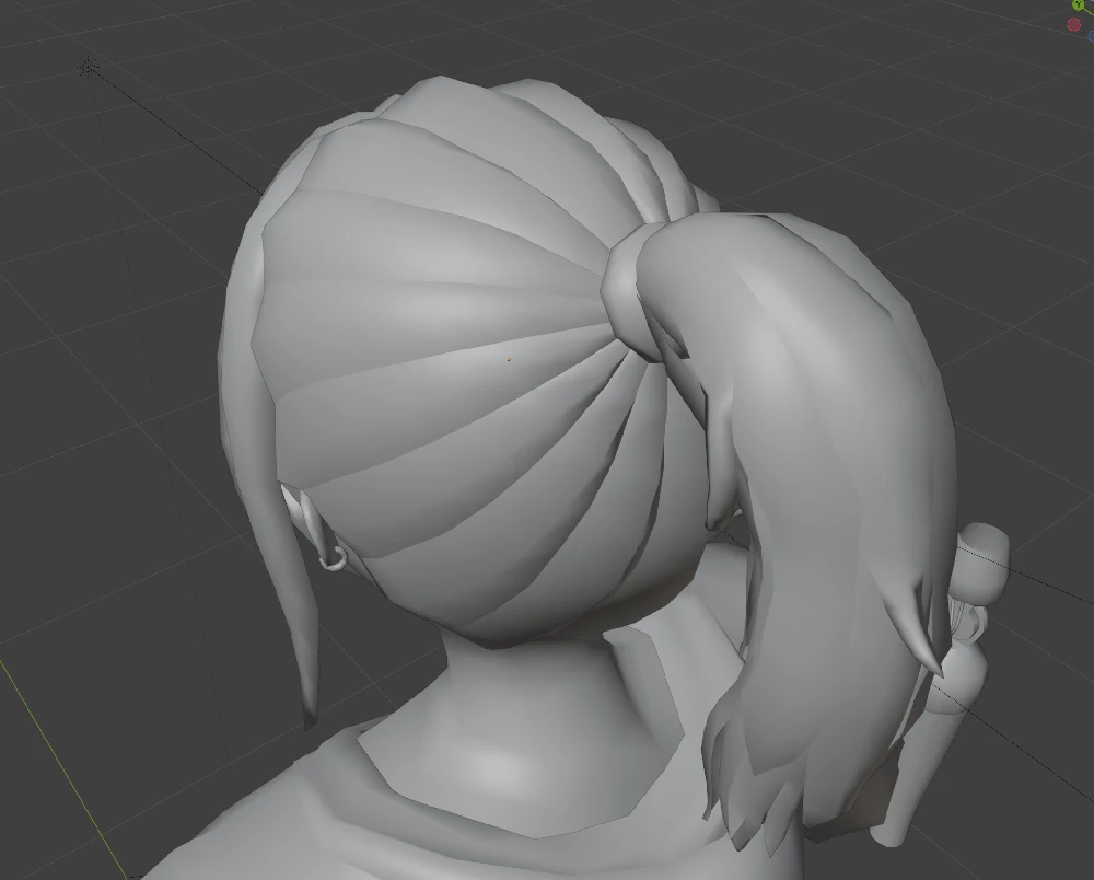 An unshaded view of the back of Laura's head, with her tied-up hair at the centre