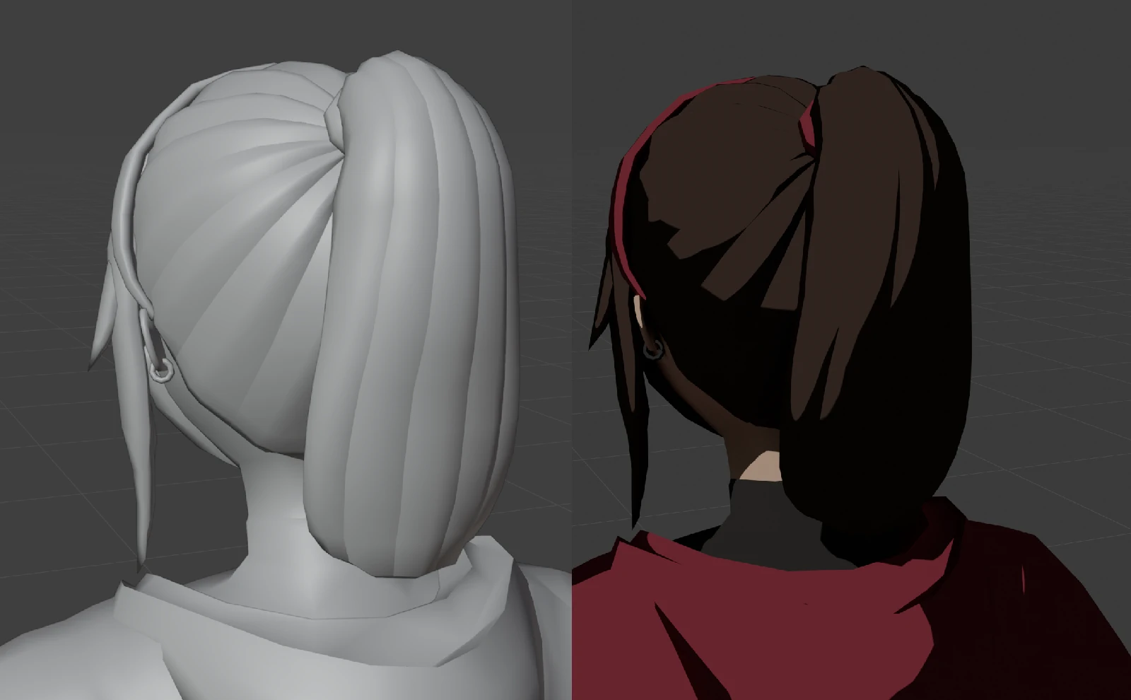 The new ponytail style. Left view is unshaded, right view displays a cel shader