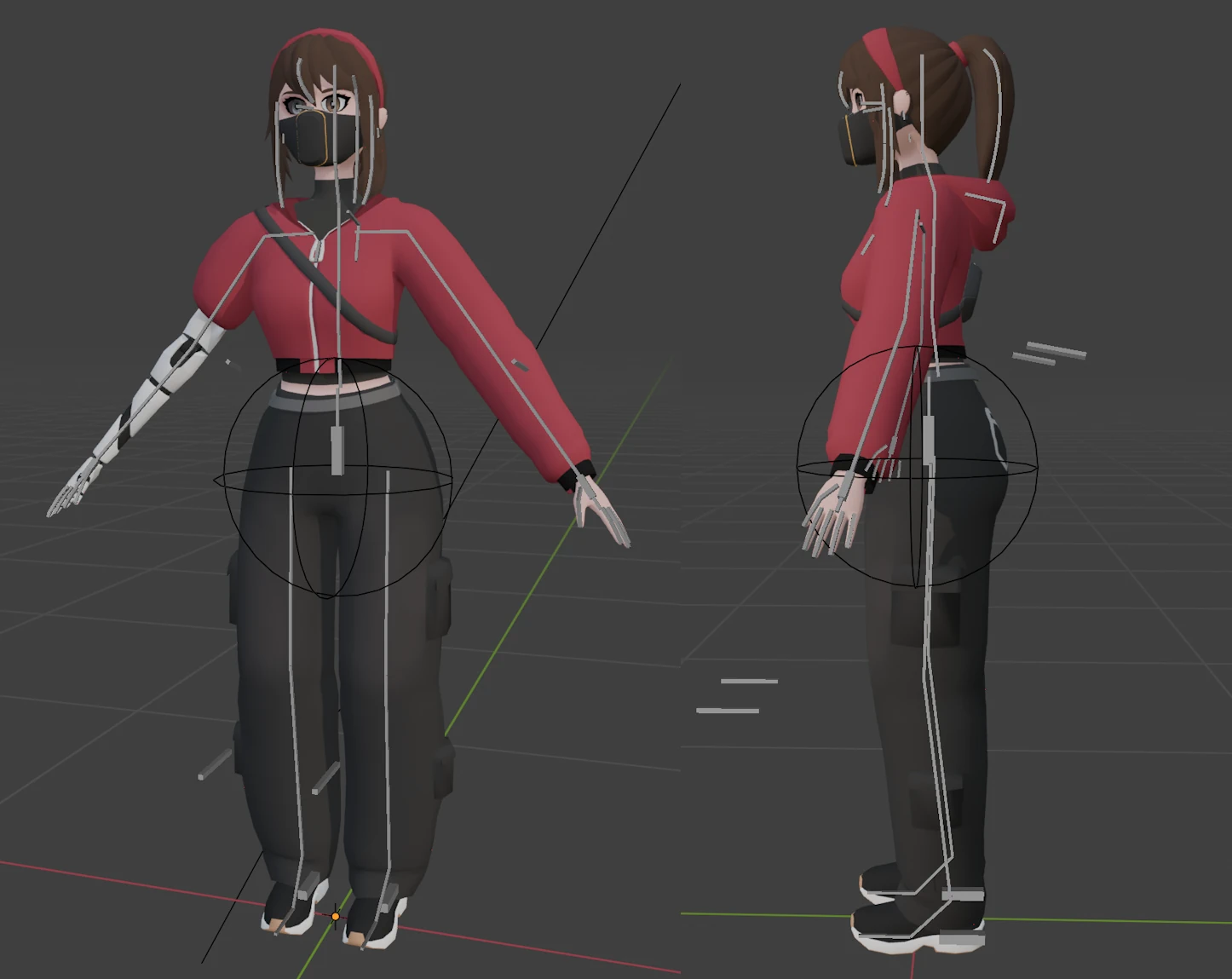 Laura's 3D model including her skeleton rig. On the left is a look from the front, on the right is a look from the side.