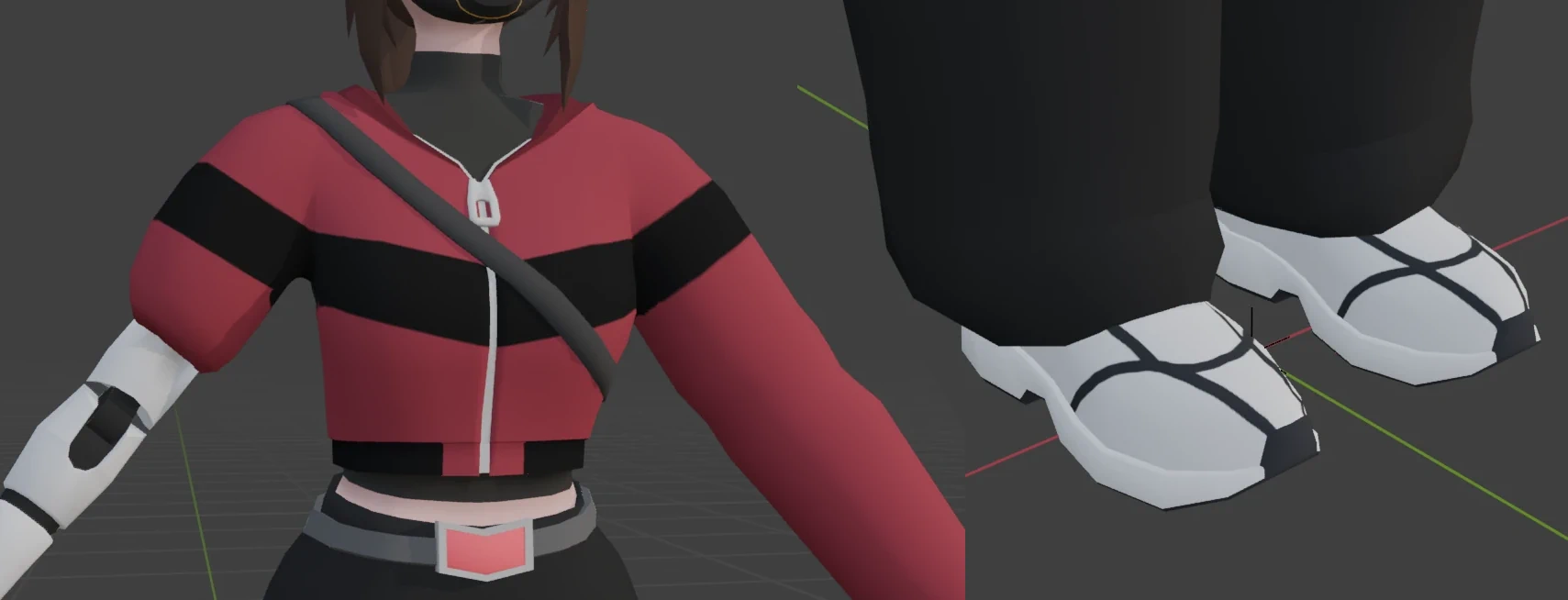 Left: New hoodie with a V-shaped pattern in black textured on top. There's also a V-shaped belt buckle with a red highlight in the middle beneath. Right: White painted shoes with black bottoms and black lines drawn on them.