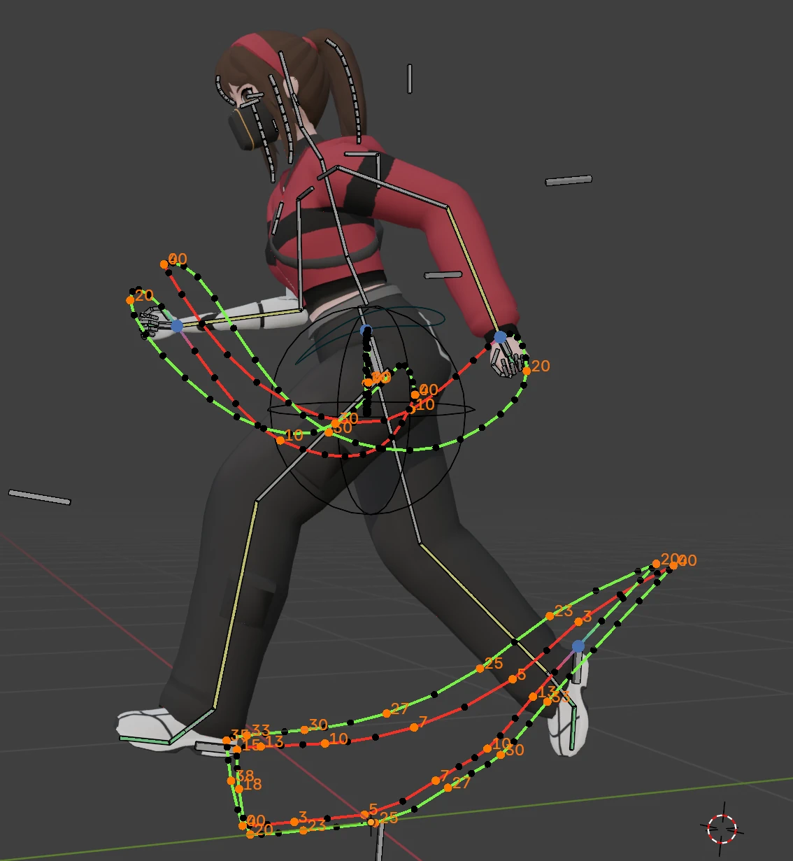 Laura running in Blender. Curves represent the paths her hands and feet move in during the animation.