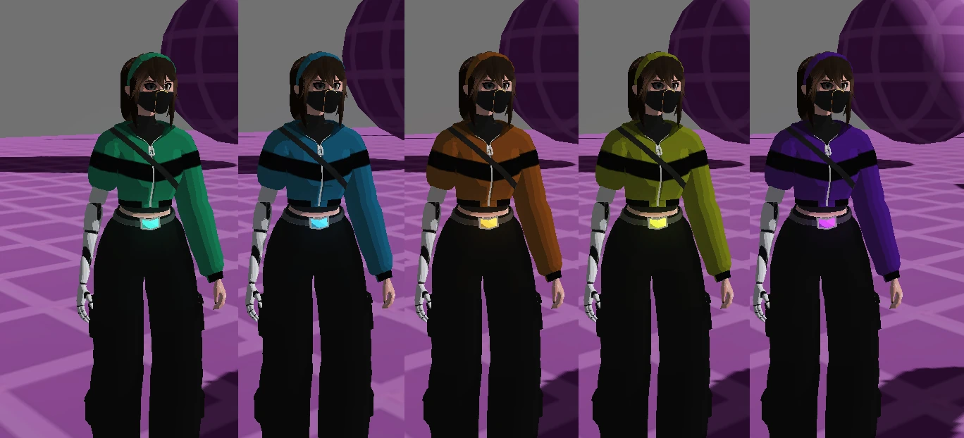 Laura wearing hoodies of different colours, from left to right: green, blue, orange, yellow, purple