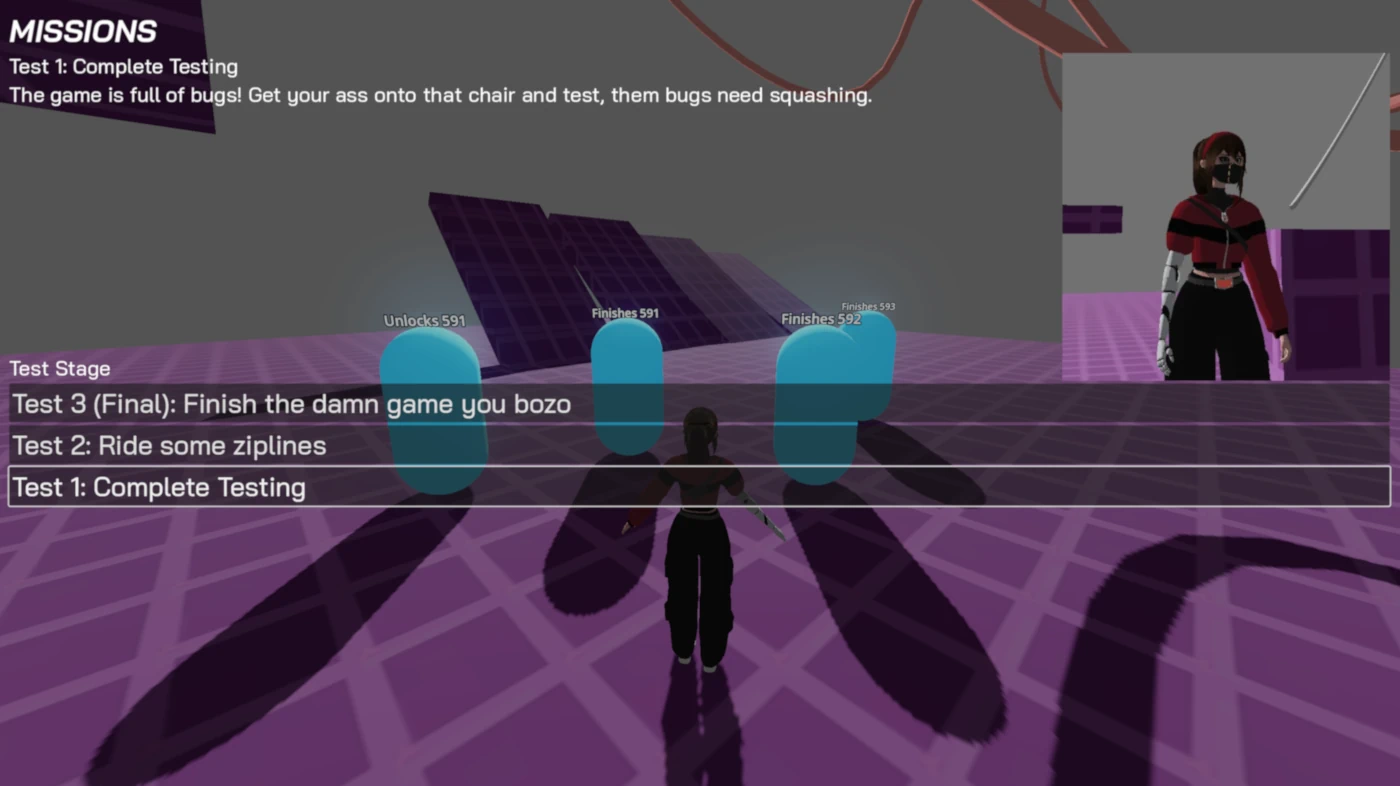 Overview of the missions screen displaying a test mission